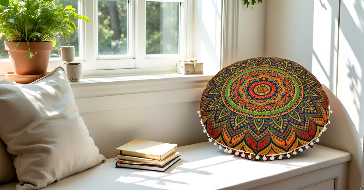 Round Mandala Floor Pillow Cover Seating Cushion Throw Cover Ottoman Pouf Cover Pom Pom Pillow Cases Hippie Decorative Bohemian Boho Indian 22 Inches (New Blue)