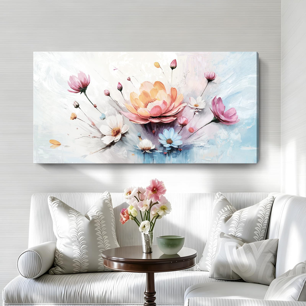 Abstract Floral Wall Art Colorful Canvas For Living Room 48X24 In (Colorful Flower Wall Art / 48"L x 24"W)