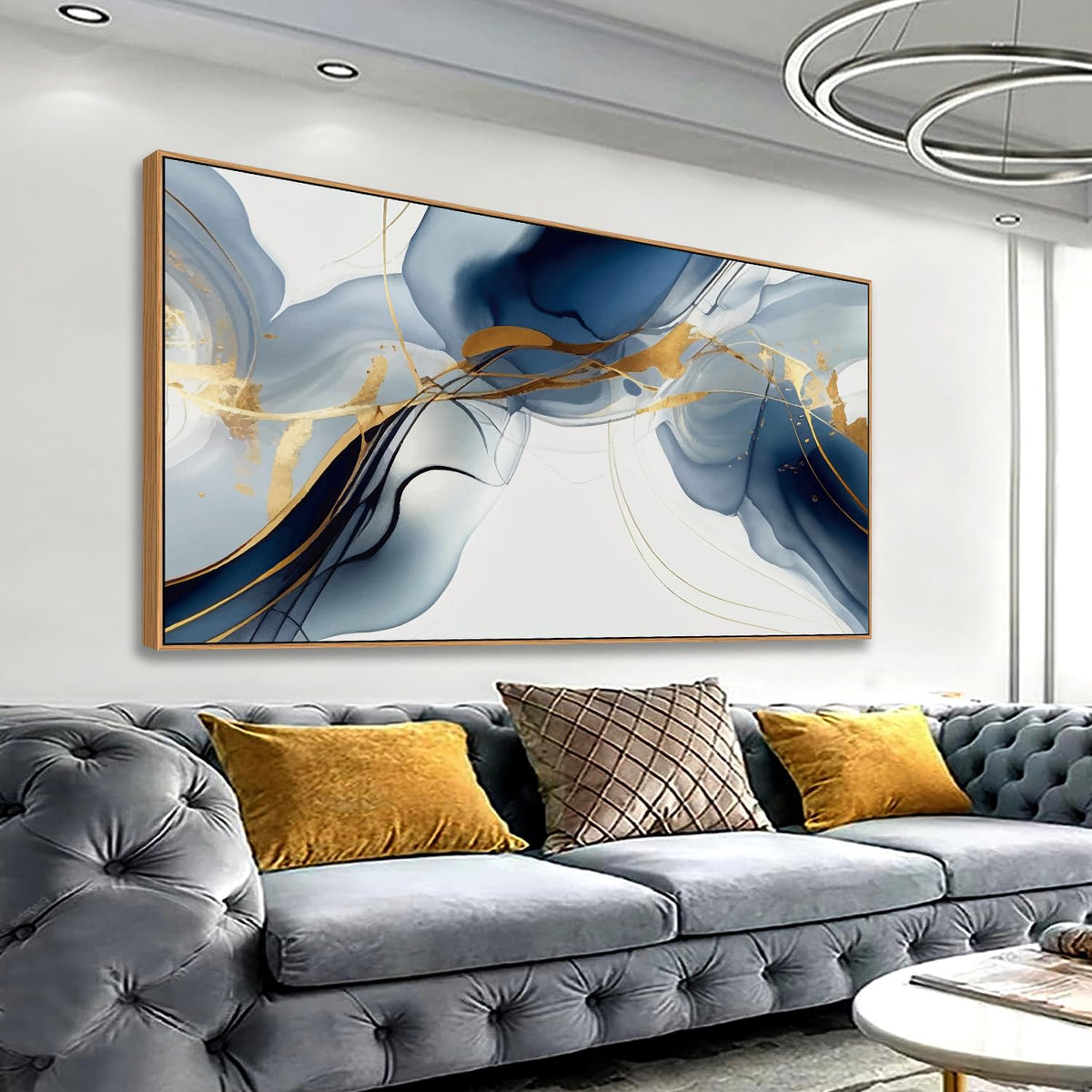 Wall Art Canvas Painting Abstract Wall Art Modern Art Wall Mural for Living Room Bedroom Print on Artwork Home Decor Framed 24x48inch (48"L x 24"W / Blue Abstract)