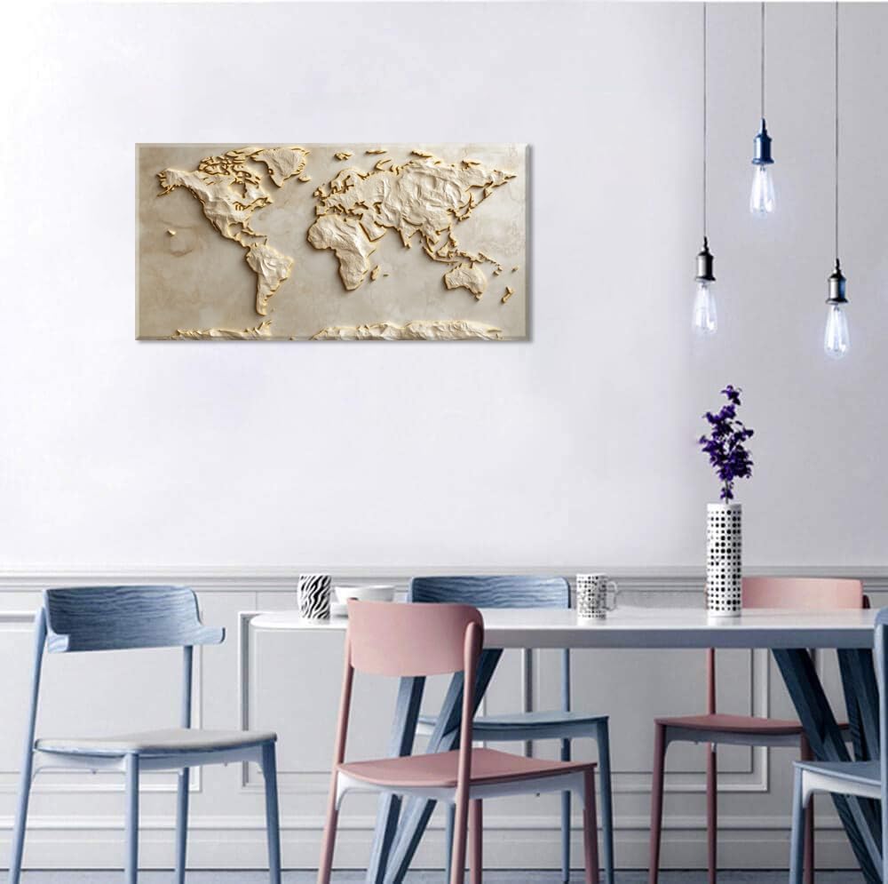 Light Gold World Map Wall Art for Living Room Office Relief (Contemporary / Light Gold World Map Wall Art / 40"L x 20"W)