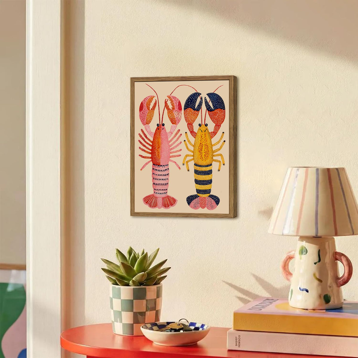 Coastal Lobster Wall Art Colorful Boho Kitchen Wall Decor Picture Seafood Animal Poster Canvas Painting Print for Living Dining Room 24x16 inch Wood Framed (Animal-G / 24"L x 16"W)