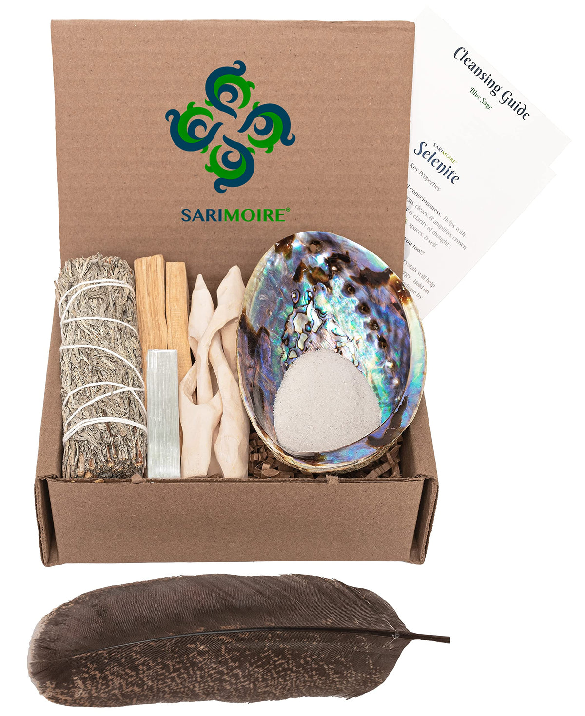 Sage Kit Blue Sage Smudge Stick ~ Abalone Shell for Smudging ~ Palo Santo Sticks ~ 2 inchTripod Stand ~ 8 inch Feather and White Sand
