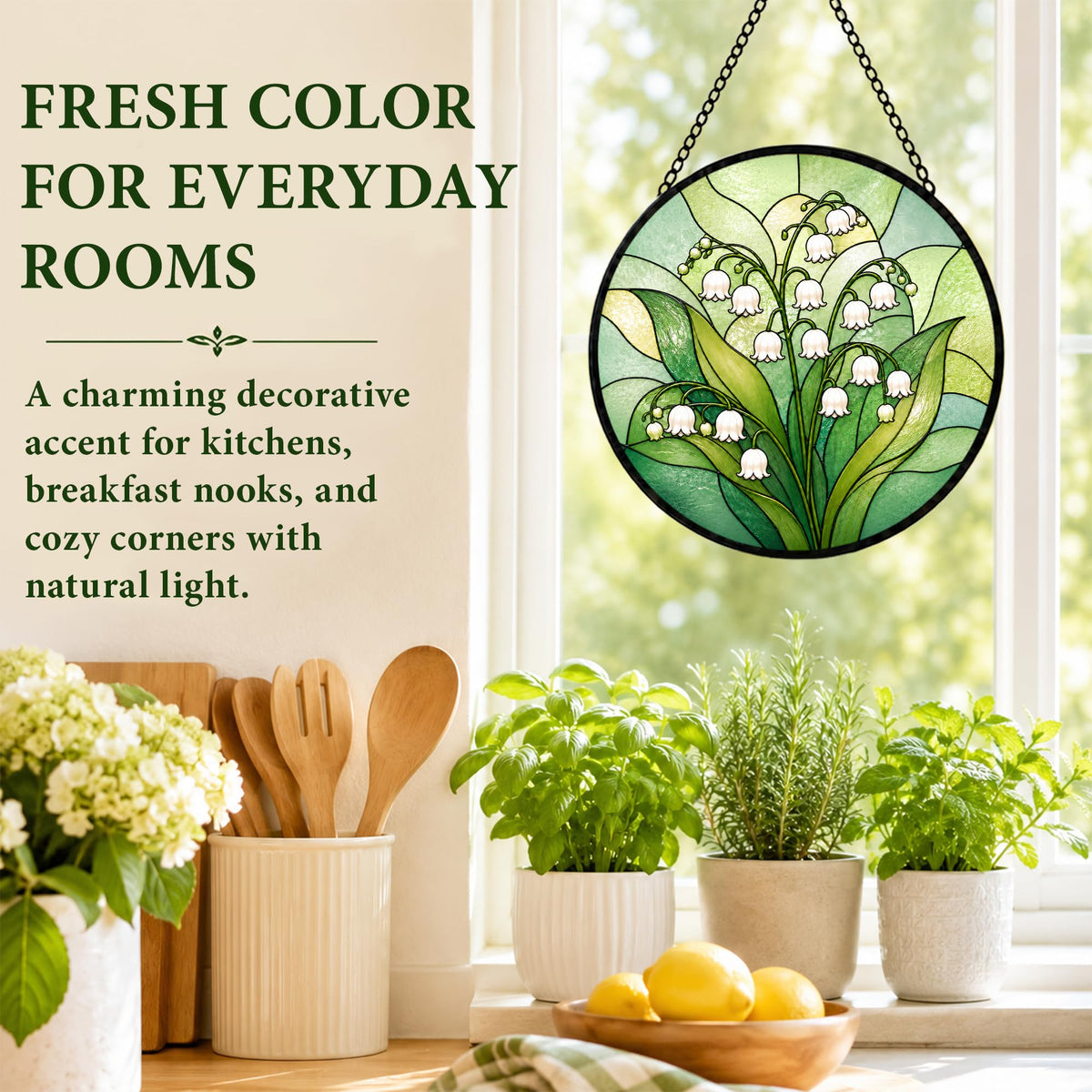 Lily of the Valley Gifts for Women Stained Glass Window Hanging 9.8in (Lily of the Valley / 9.8 x 9.8 IN)