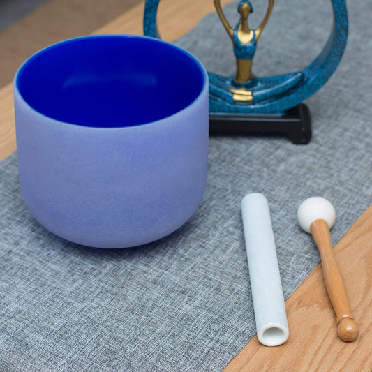 Quartz Crystal Singing Bowl A# Note Third Eye Chakra Dark Blue 8" with Heavy Duty Carrying Case Suede Striker (8" A# Note / dark blue)