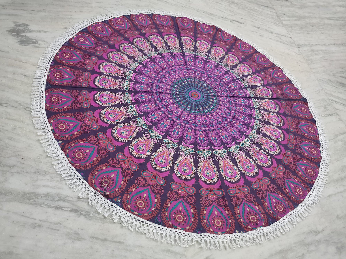 Round Beach Tapestry Turquoise Mandala Throw (3'6" (Round) / White and Pink)