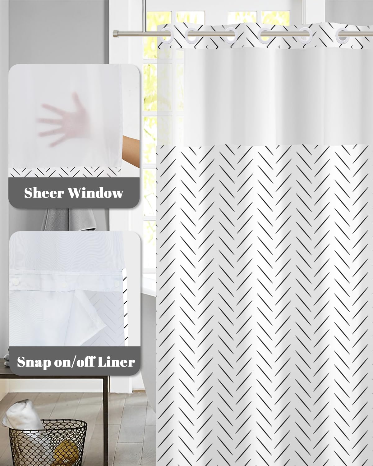Black and White Shower Curtain with Snap in Liner (Black and White)