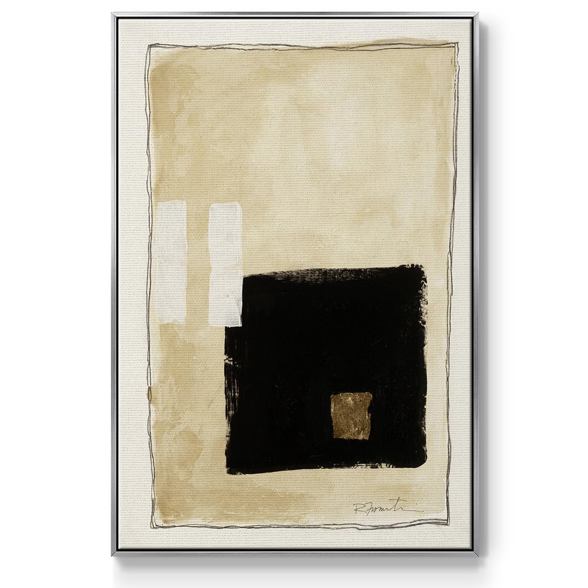 Abstract Wall Art for Home Decor Black Golden Geometric Square Patterns Canvas Silver Floater Frame Paintings for Bedroom Office Kitchen Walls (37"L x 25"W / Inner Musing I)