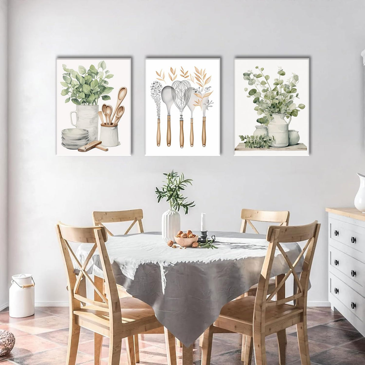 Kitchen Wall Decor 3 Piece Sage Green Botanical Prints 16"x24" (Kitchenware Flowers / 16x24in)