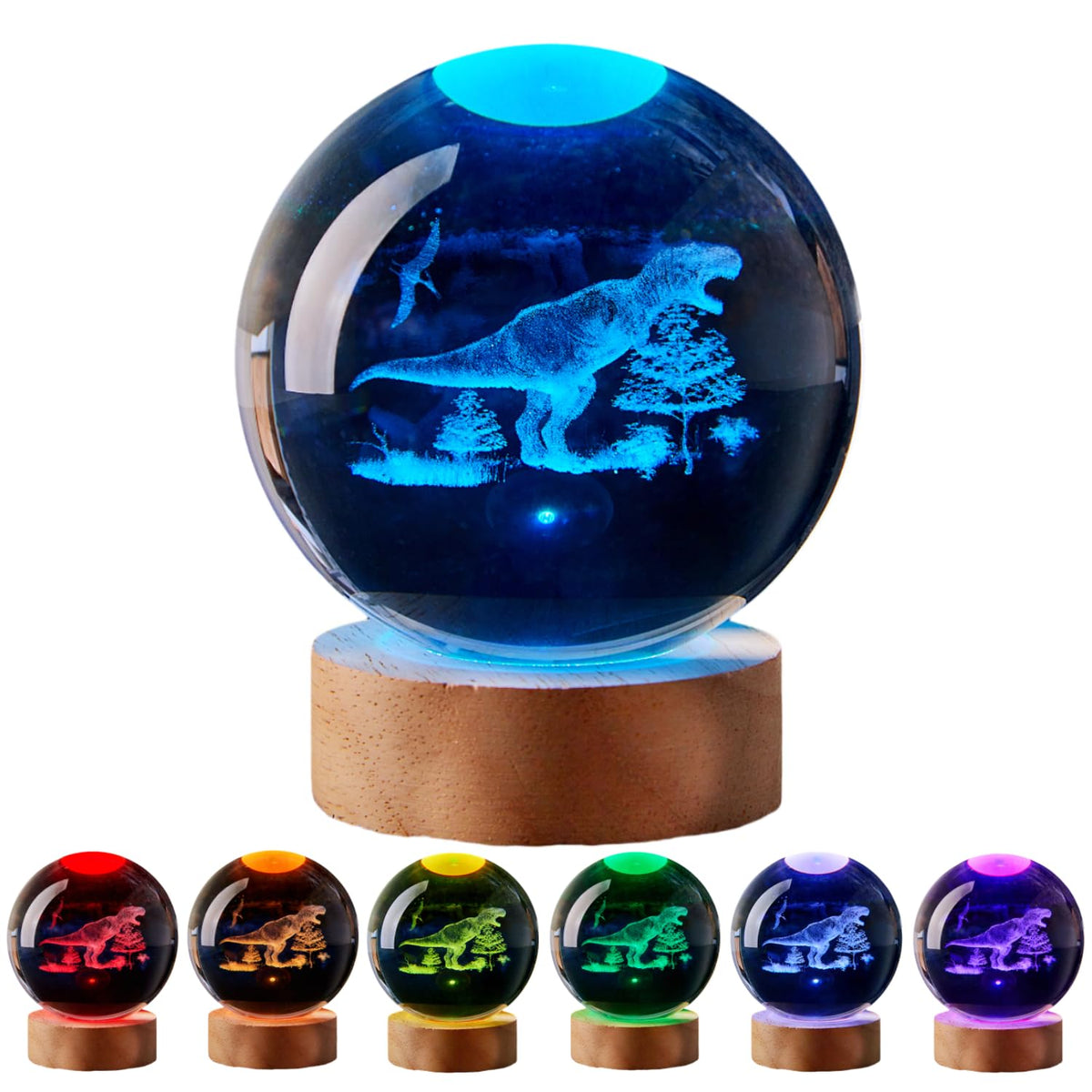 Large Dinosaur Crystal Ball Night Light with Woodern Base (dinosaur)