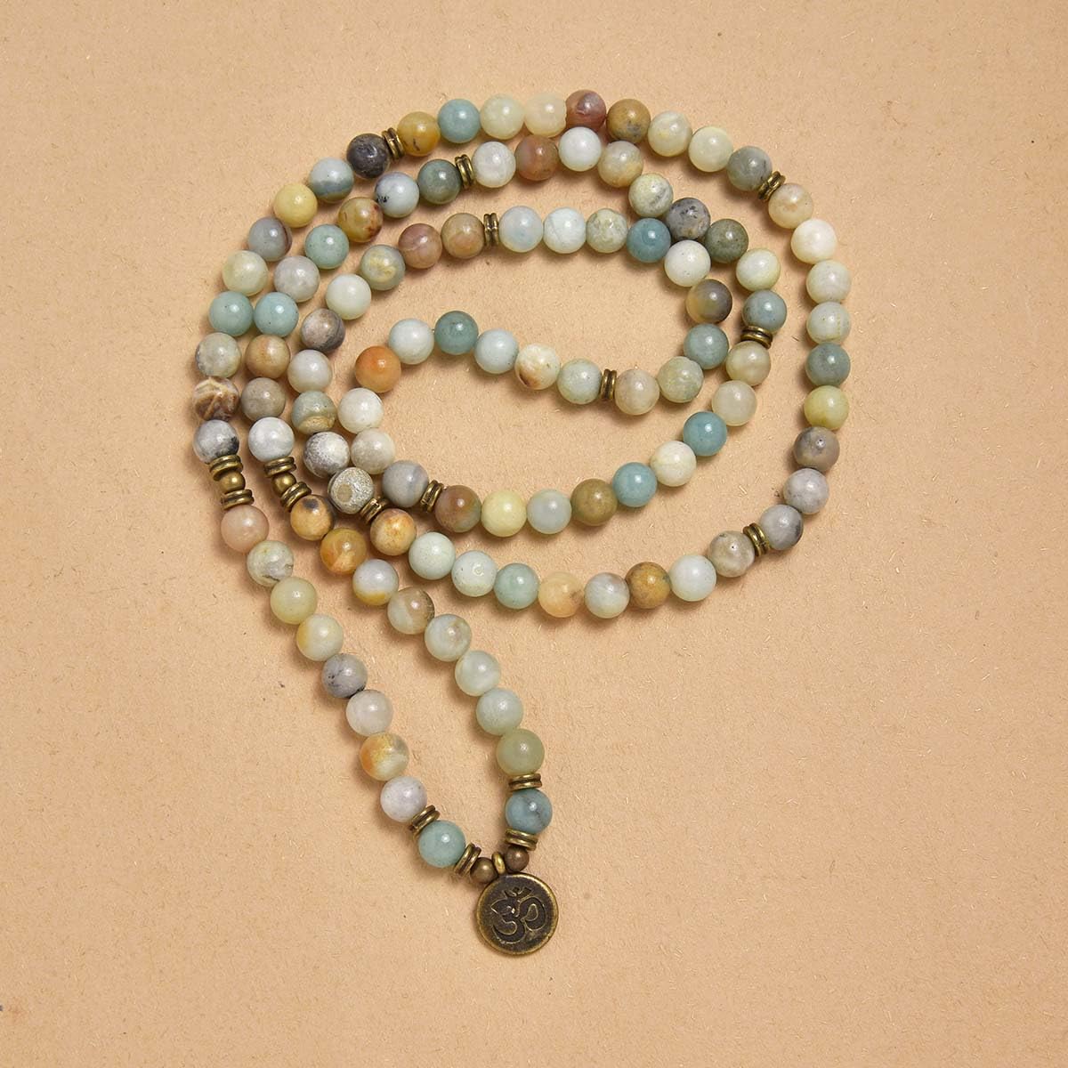 108 Natural Stone Mala Beads Yoga Jewelry Meditation Bracelet Necklace with om Charm (Amazonite)