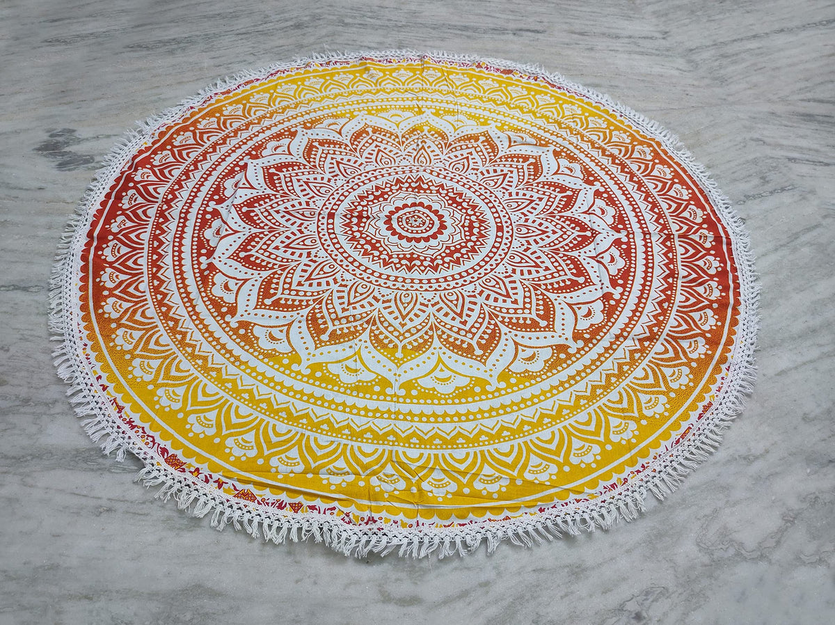 Round Beach Tapestry Turquoise Mandala Throw (3'6" (Round) / Yellow-orange)