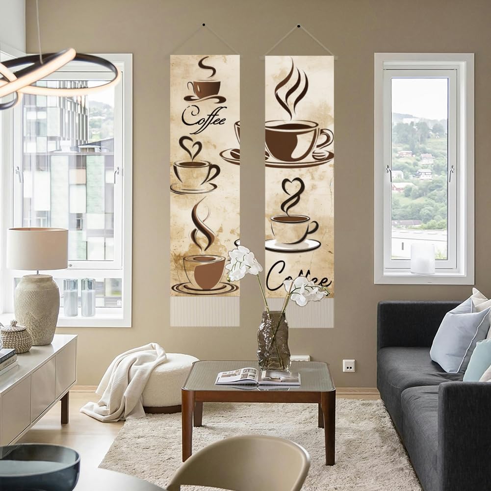 2Pcs Coffee Tapestry Coffee Line Drawing Wall Hanging Tapestries (Beige-coffee)