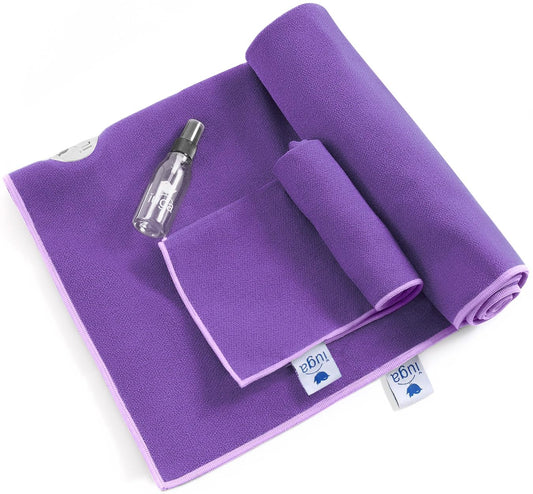 Yoga Towel for Hot Yoga Non Slip Extra Thick Yoga Mat Towel + Hand Towel 2in1 Set with Corner Pockets Super Absorbent and Quick Dry Hot Yoga Towel (New Purple / 72”X26”)