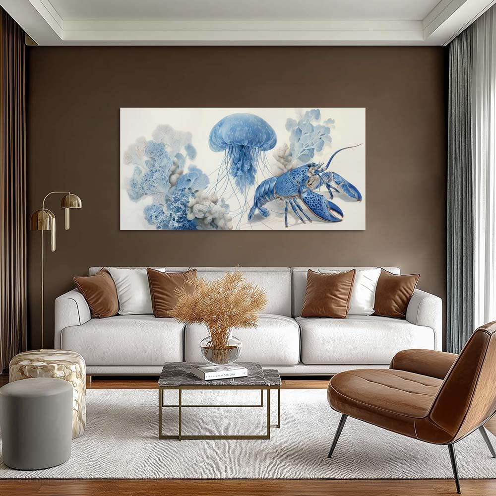 Blue Ocean Animal Canvas Wall Art Lobster Jellyfish Coastal Watercolor Painting Flat Print Gallery Wrapped Artwork for Living Room Bedroom Bathroom Decor (Retro / Blue Lobster and Jellyfish 29 / 58"L x 28"W)