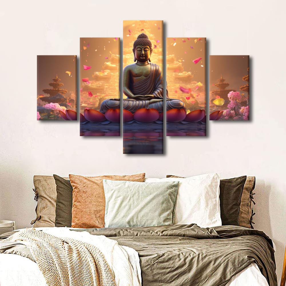 Buddha Canvas Wall Art Modern Home Canvas Poster Artwork 5 Panel Religious Painting Buddha Statue Lotuses in the Water Picture for Living Room Office Wall Decor Stretched Ready to Hang 60x40 in (60x40 in / 5PANEL-08)