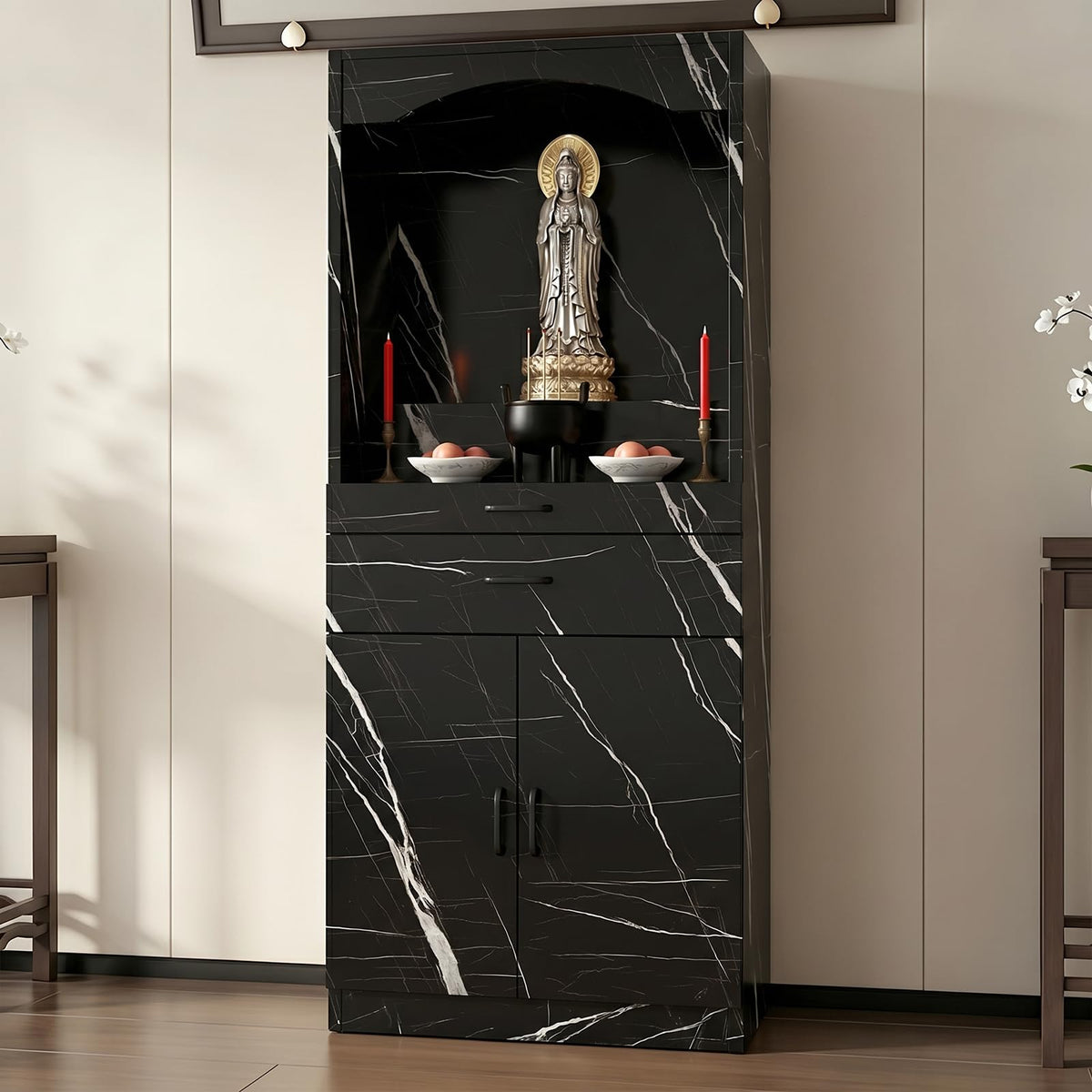 Solid Wood Altar Table (Black Stone Vein / 43.3" x 15.7" x 65.4")