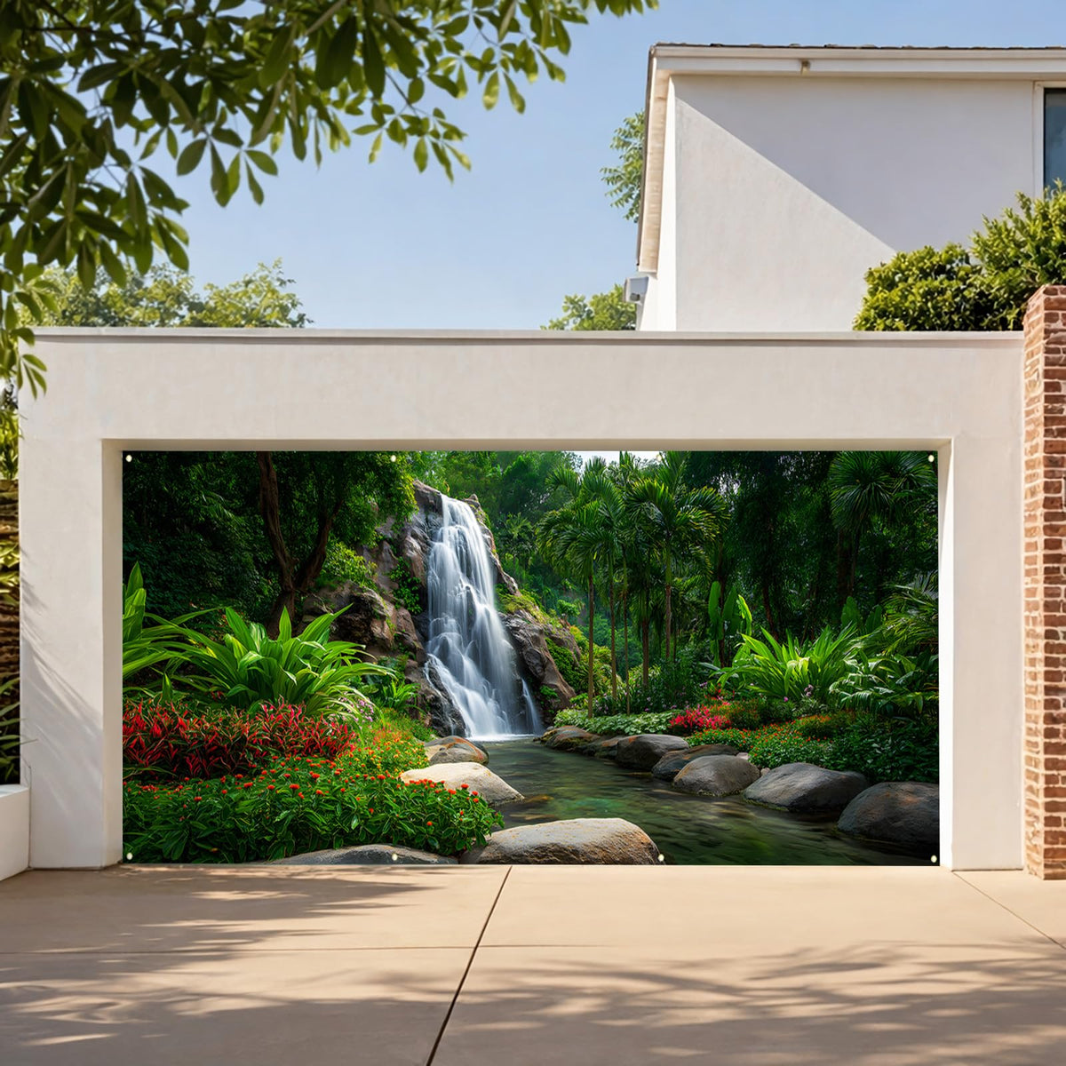 Waterfalls Garage Door Cover Banner (Green Scenic Waterfall)