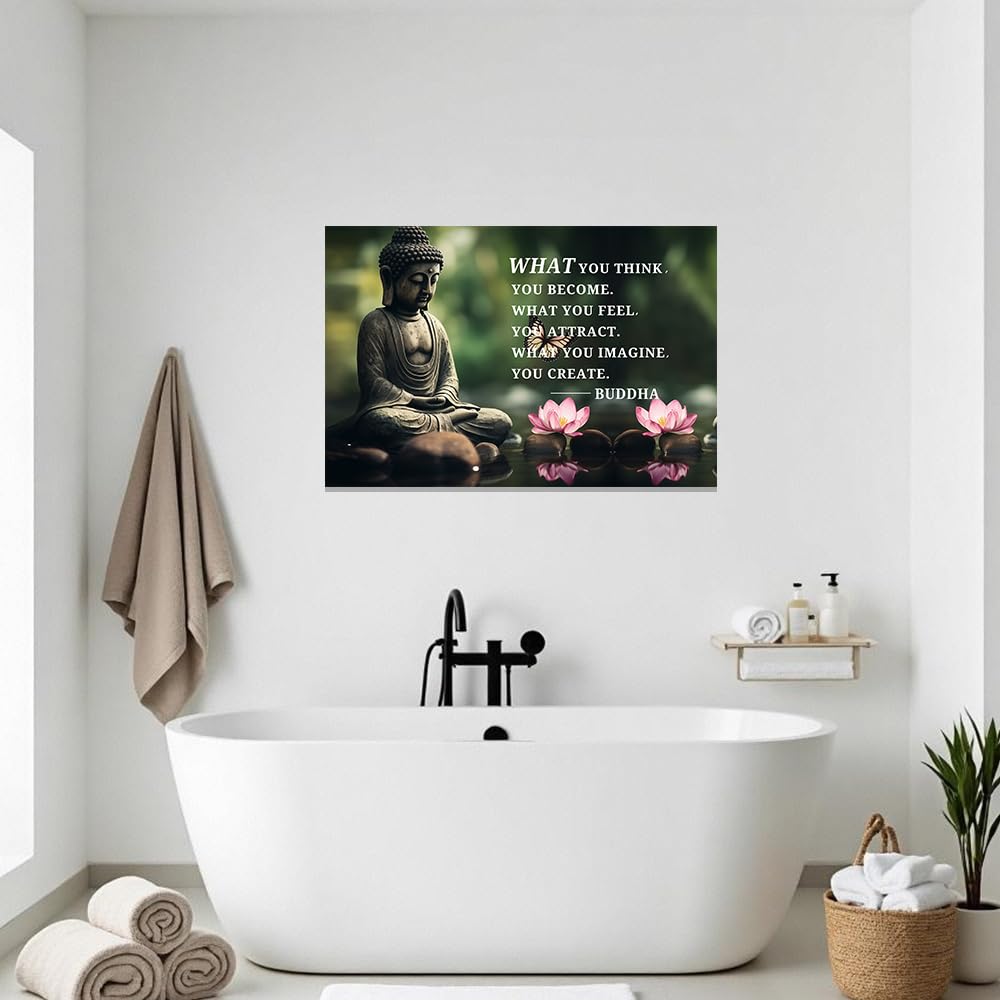 Buddhist Motivational Quotes Wall Art Canvas Prints Buddha Lotus Painting Zen Bathroom Pictures for Office Home Spa Yoga Room Wall Decor Framed (Green / 28" x 42")