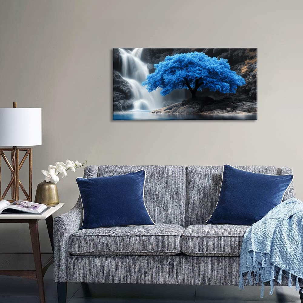 Navy Blue Tree Scenery Wall Art for Living Room Office Waterfall Landscape Art Deco Black and White Scenic Painting Prints Nature Canvas Artwork Over the Couch Bedroom Decor (40"L x 20"W / Navy Blue Tree Wall Art (K868))