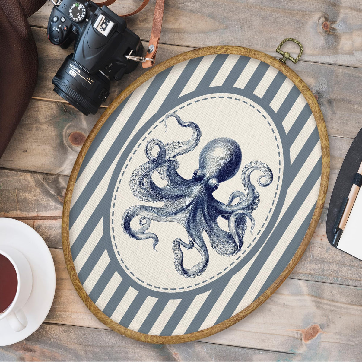 Blue Coastal Beach Octopus Oval Wall Art Decor (Color051)