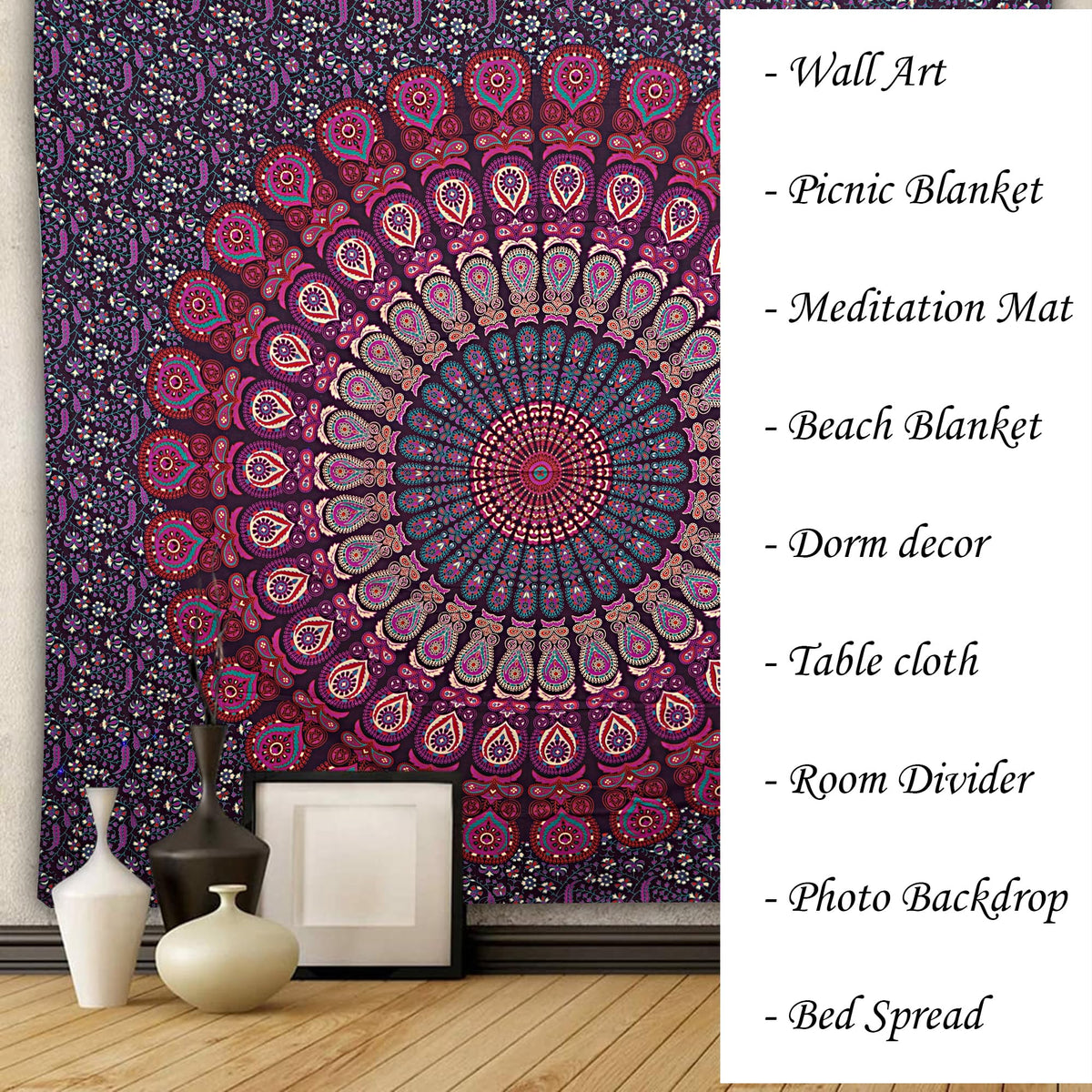 Handmade Cotton Peacock Mandala Tapestry (40"L x 30"W / Purple Pink)