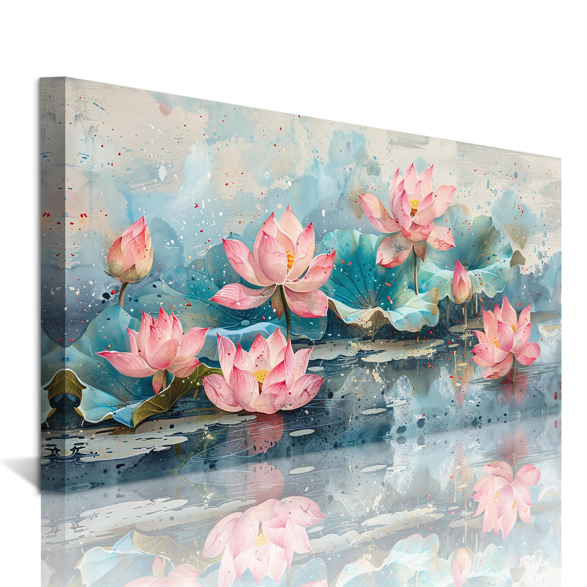 1Pcs Vintage Pink Lotus Flowers Watercolor Canvas Wall Art Print Serene Pond Scenery Blooming Lotuses Teal Leaves Color Splashes Tranquil Floral Nature Pictures for Home Decor Ready to Hang (Pink Lotus-One Piece / 24"L x 12"W)