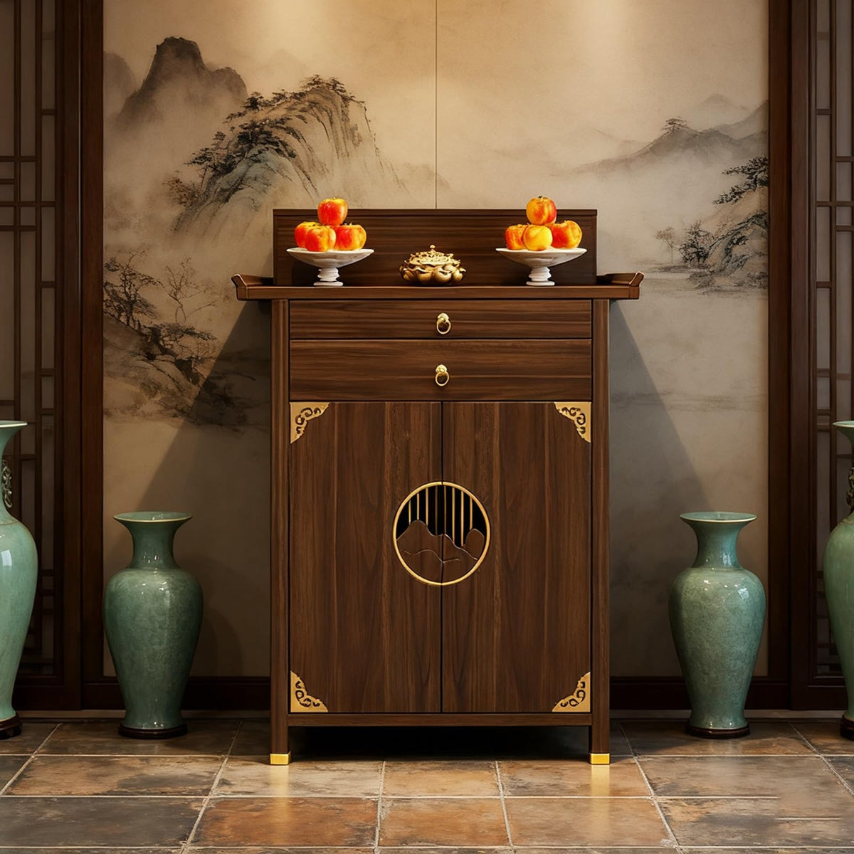 Personal Shrine Stand Bamboo Altar Cabinet Buddha Niche Chinese Cabinet with Storage Buddhist Table with Drawer for Home Use for Family Worship Use for Living Room (Walnut / 30.71x18.9x46.65in)