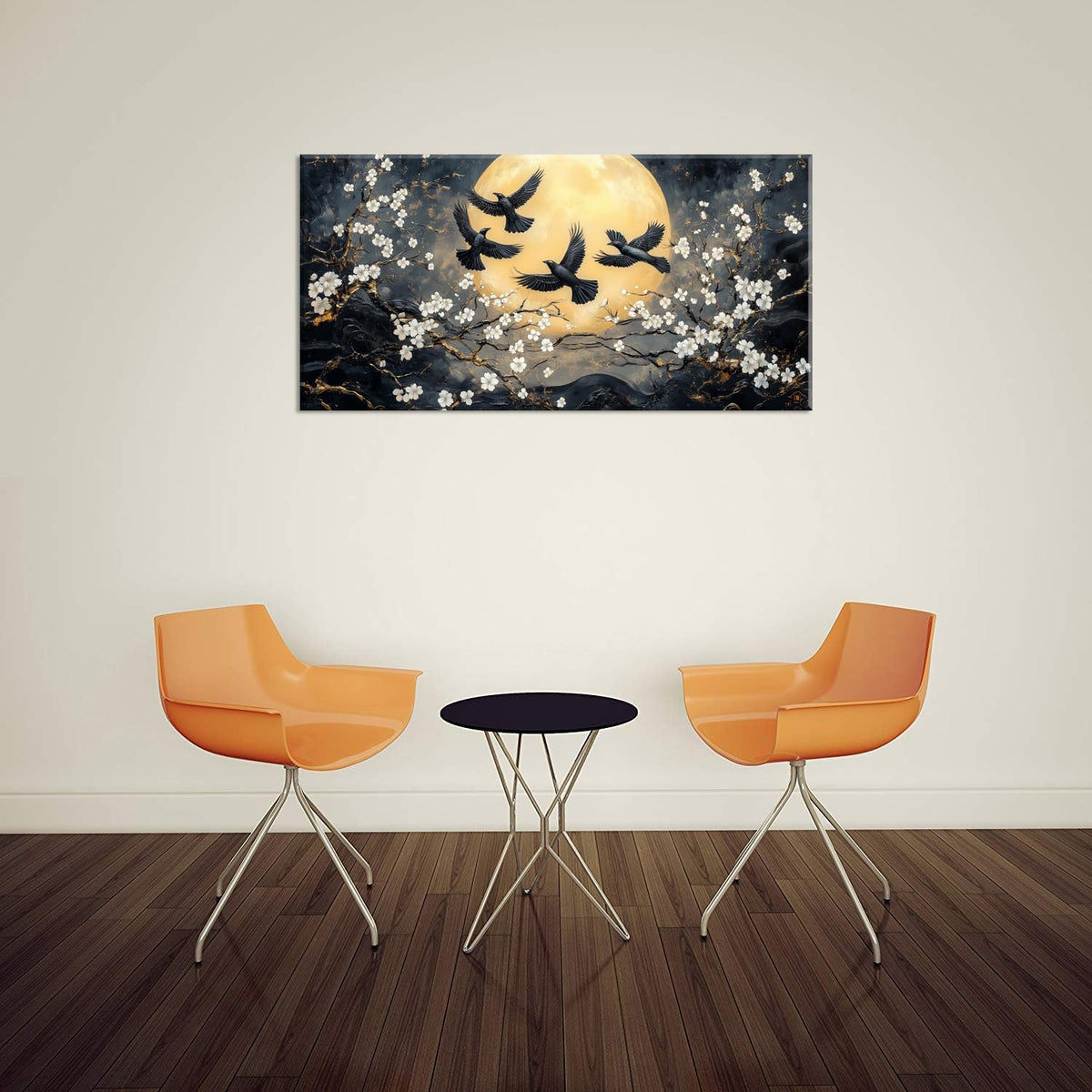 Black Art Crows and Cherry Blossoms Wall Art for Living Room Office Symbolism Traditional Ink Painting Prints Oriental Canvas Artwork Dining Bedroom Decor Large (Abstract / Black Gold Crows Cherry Blossoms Wall Art / 46"L x 23"W)