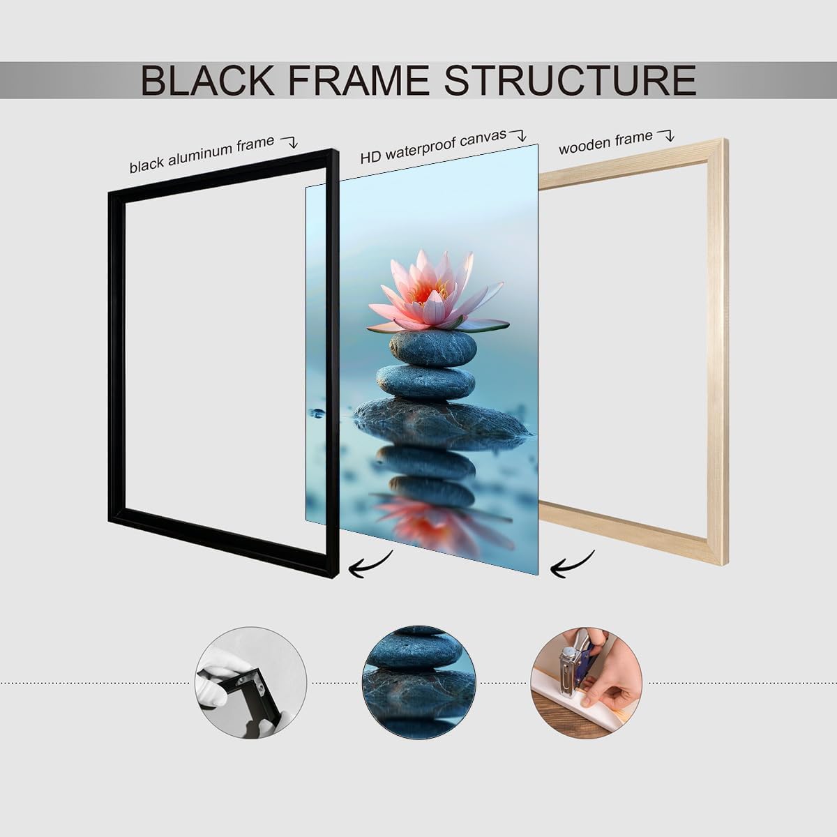 Zen Lotus Flower and Stones Wall Art (Black Aluminum Frame-8 / 24"L x 36"W)
