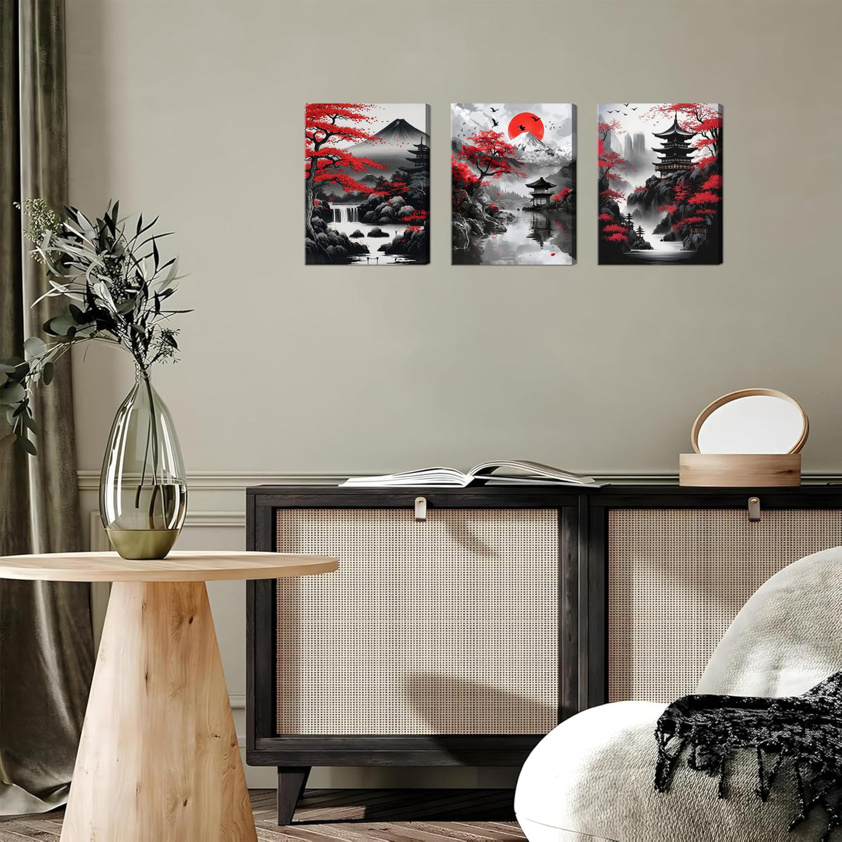 Japanese Wall Art Set of 3 (Black / 16"L x 12"W)
