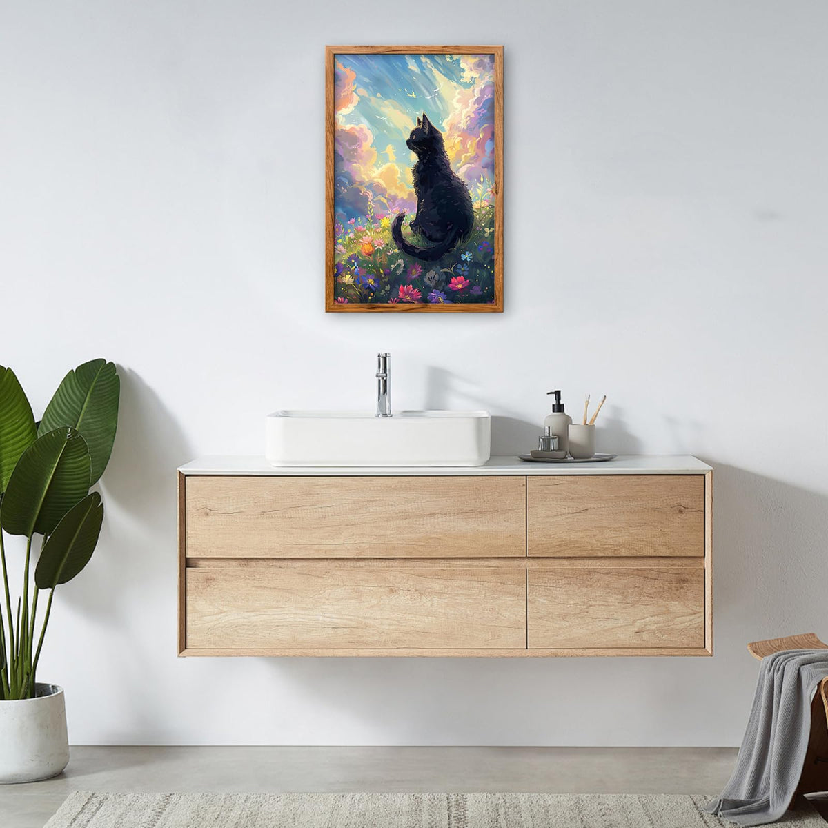 Black Cat Framed Wall Art Anime Cat Pictures Canvas Wall Decor Wildflower Landscape Painting Nature Decorations for Bathroom Bedroom Living Room Office 24"x16" (Black Cat / 24"L x 16"W)