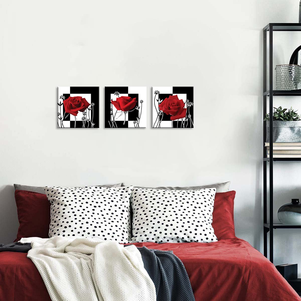 Canvas Print 3 Pcs Black and White Red Rose Canvas Art Painting Abstract Wall Art Decorations Flower Picture on Canvas for Home Decor Stretched and Framed (20 x 20 inches (3-Piece Set) / rose2)