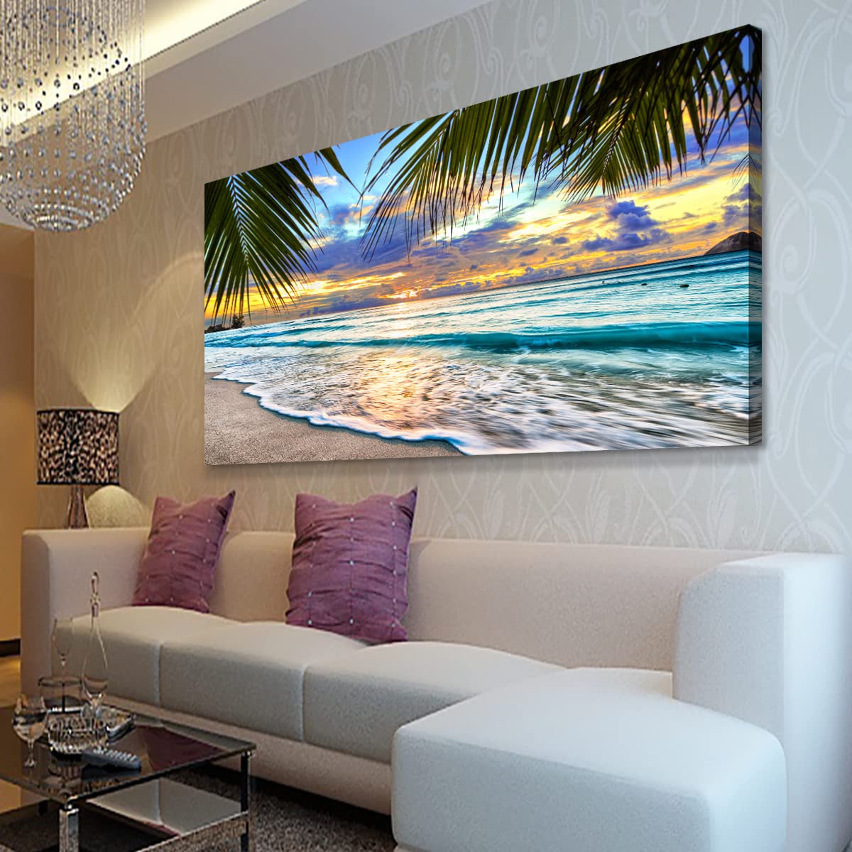 Beach Canvas Wall Art Seascape Theme Pictures Home Decor Blue Ocean White Wave Palm Tree Prints Paintings for Living Room Bathroom Bedroom Kitchen Office Decoration Natural Scenery Artwork 24x48inches (48"L x 24"W / Blue Ocean White Wave Green Palm Tree)