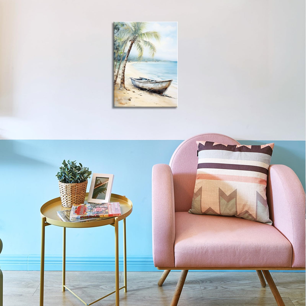Boat and Palm Trees by the Sea Canvas Wall Art Decor Print Nursery Pictures Home Decor for Living Room Bedroom Wood Framed 12x16 Inches (16"L x 12"W / Boat)