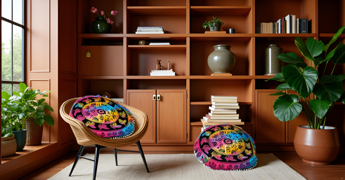 Large Hippie Floor Pillow Cover Mandala Meditation Cushion Case Pouf Cover Round Poufs Cover Bohemian Floor Cushion Cover Outdoor Fireplace Yoga Living Room Decor 32" Multi (Multi-color Peacock)