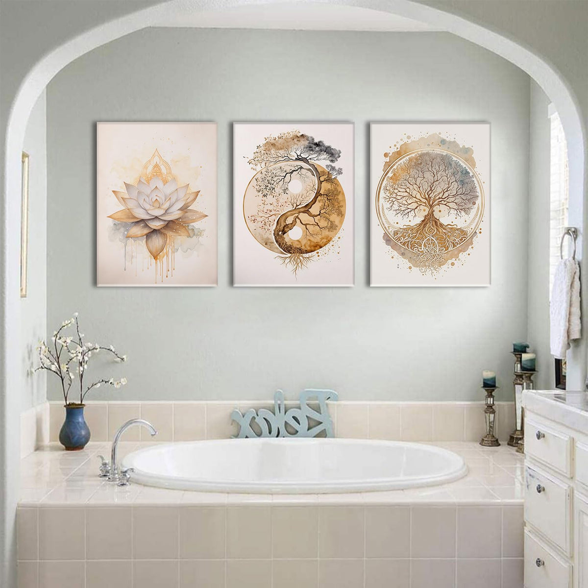 3 Piece 3 Piece Tree of Life Wall Art Zen Wall Decor Yoga Room Canvas Art Modern Gold Lotus Flower Pictures Spiritual Meditation Paintings Spa Artwork For Living Room Bathroom (Lotus Gold / 12x16in)