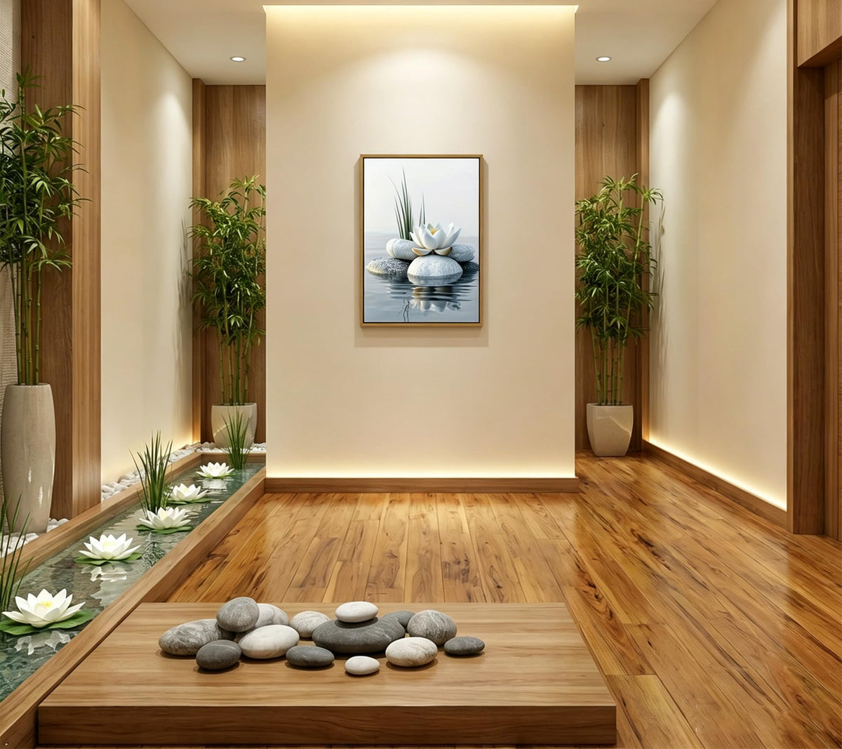 Floating Framed Zen White Lotus Canvas Wall Art (Lotus Stone / 10L"x8W")