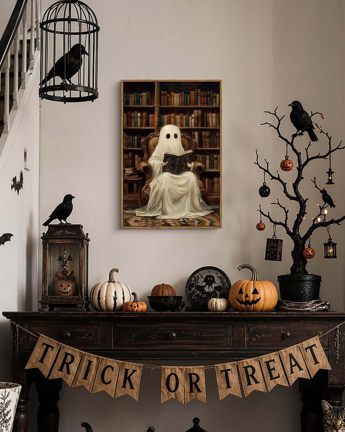 Vintage Halloween Spooky Ghost Reading Books Artwork (Read / 24"L x 16"W)