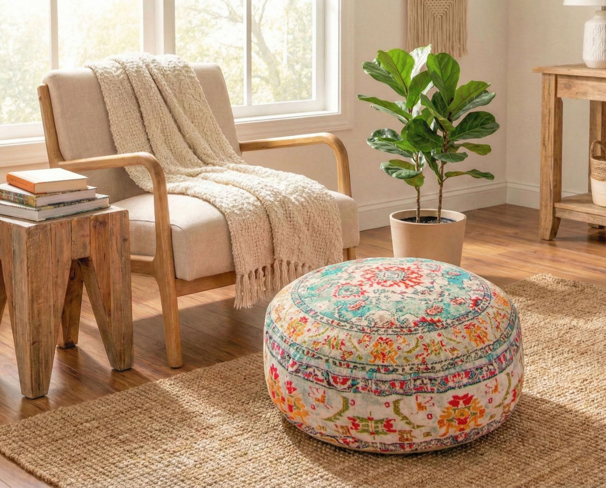 Large Floor Pillow Cover Yellow Round Pouf Ottoman Indian Floor Cushion Boho Chic Perfect Vintage Cushion for Living Room (24x8 Cover Only / Yellow)