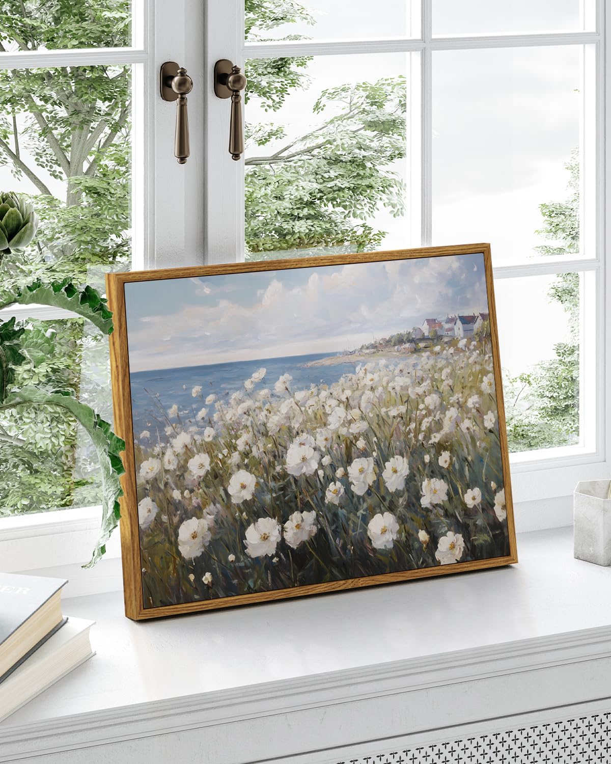Vintage Coastal Wildflower Framed Canvas Wall Art 12"x16" Ocean View White Flowers (Seaside / 16"L x 12"W)