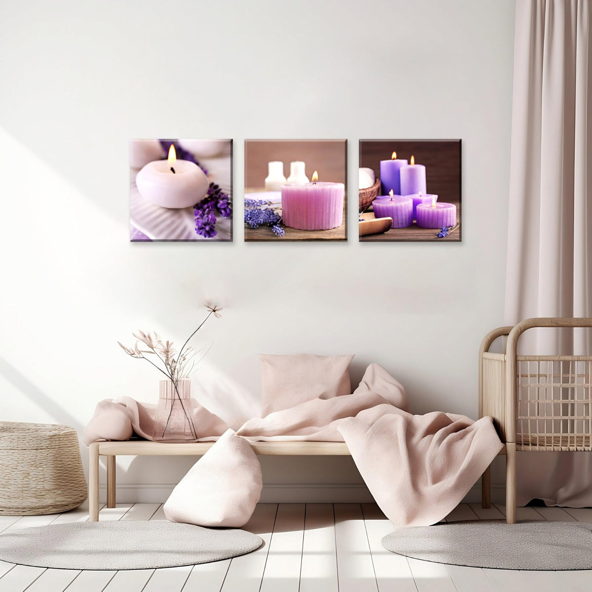 Zen Canvas Wall Art Spa Still Life with Lavender Aromatherapy Candles and Zen Stone Aroma Lavender Flower Painting Pictures Print on Canvas Ready to Hang for Bathroom Decoration (12X12inchX3pcs / lavender candles)