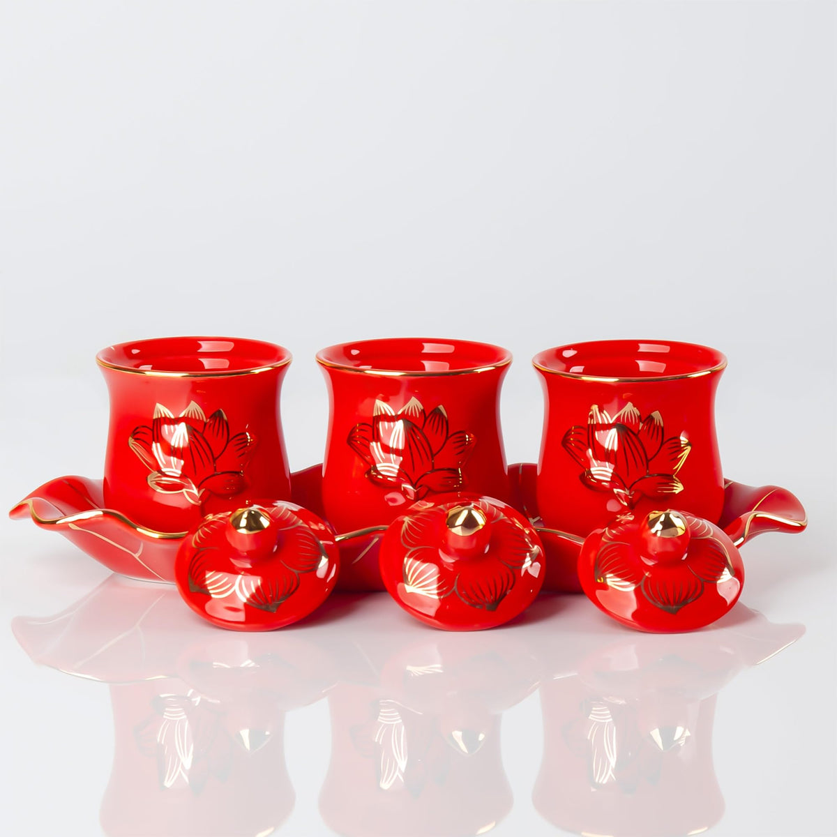 Red Buddhist 3 Altar Cups Set (3 Red Ceramic Cup Set)