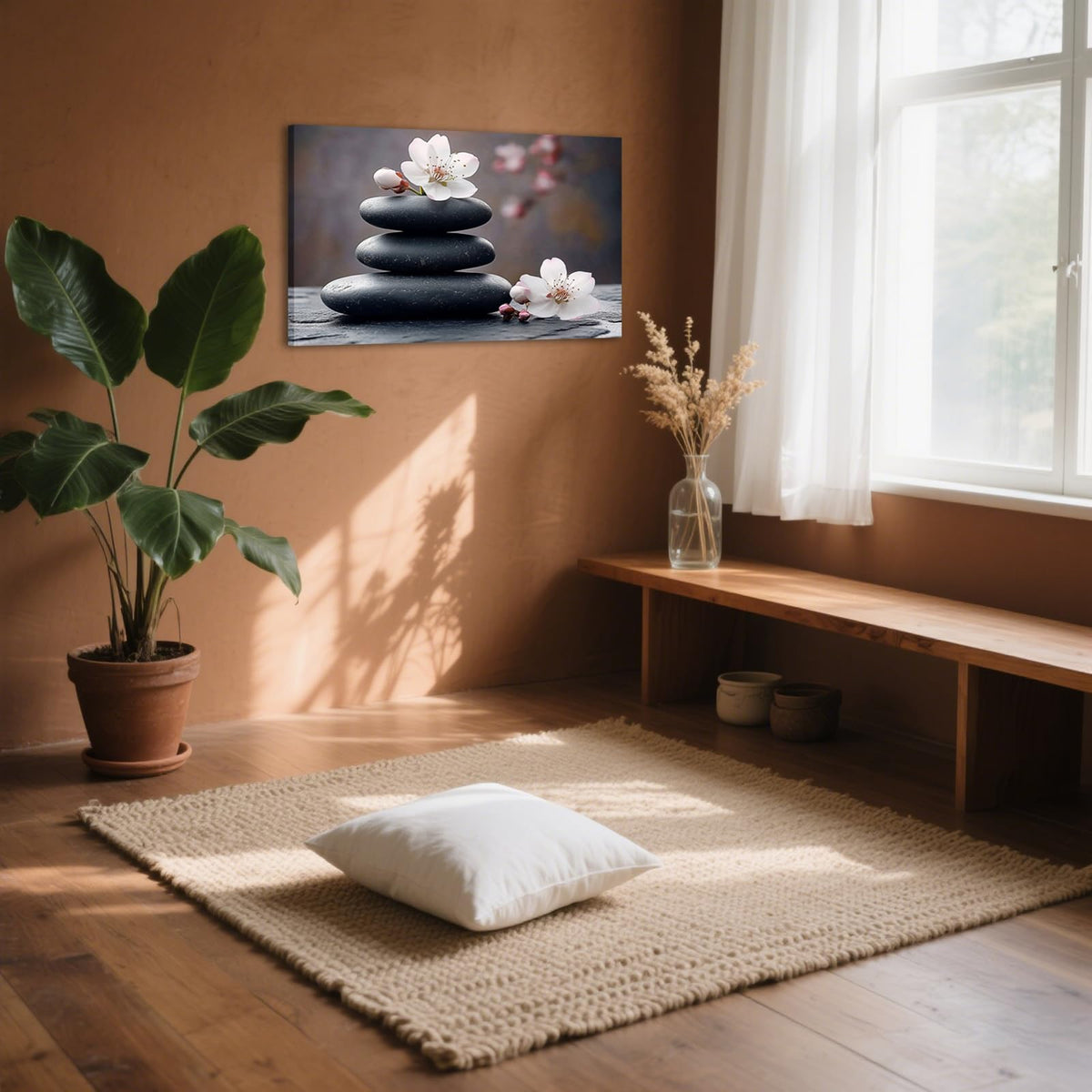 Zen Canvas Wall Art Black Stones with Cherry Blossoms Print Framed Artwork Poster for Yoga Meditation Room Spa Bathroom Decor (WE000050-6 / 18"L x 12"W)