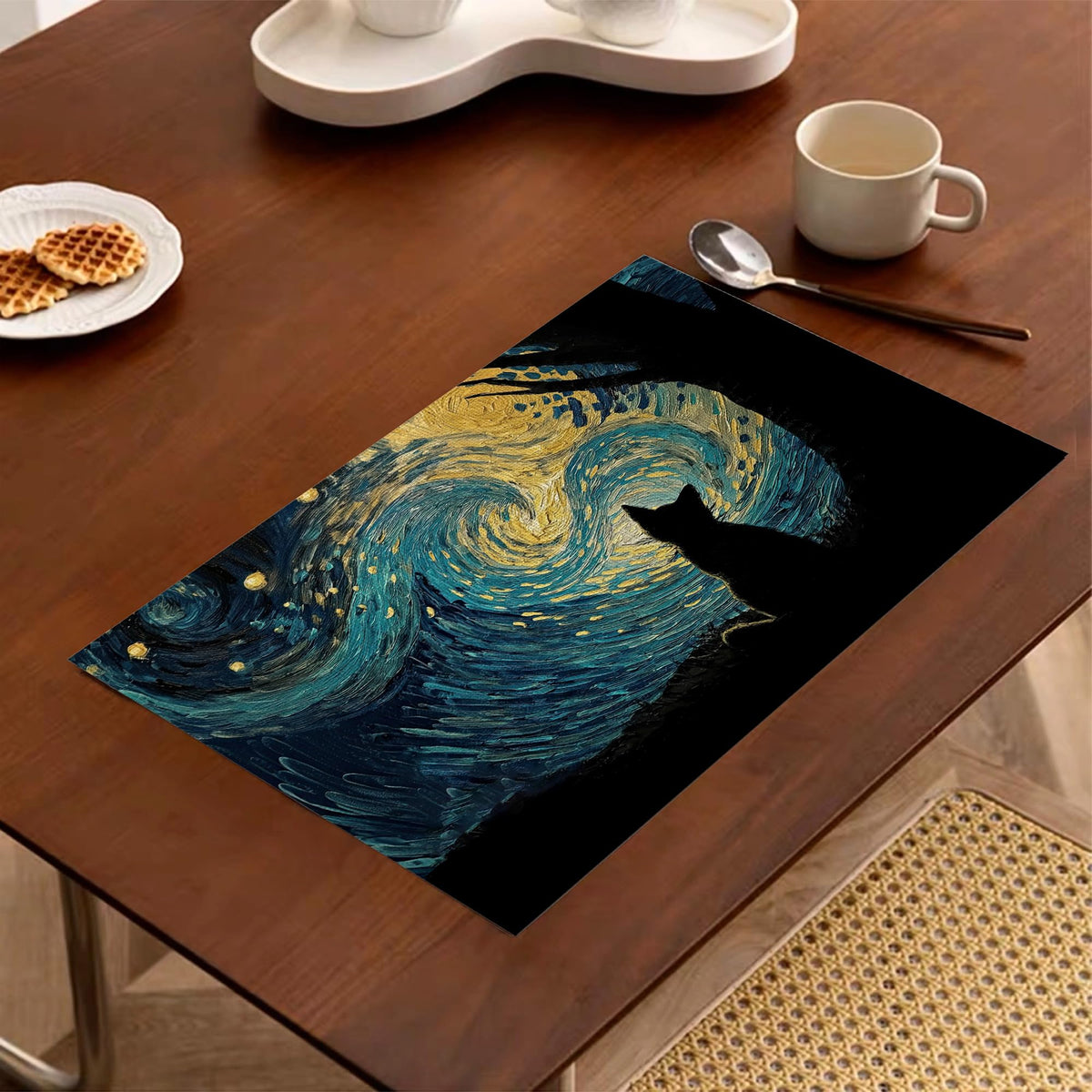 Black Cat Placemats Set of 6 (Black Cat Starry Night)