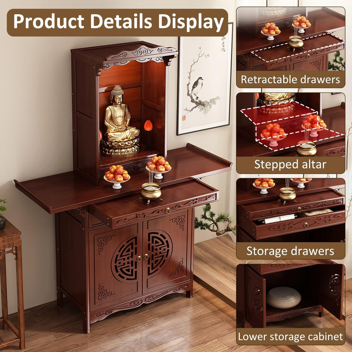 Personal Shrine Altar Table Buddhist Pooja Cabinet Altar Table Multifunctional Chinese Buddha Niche Chinese Cabinet with Drawers and Storage for Family Worship Use (47.24x15.75x74.8in)