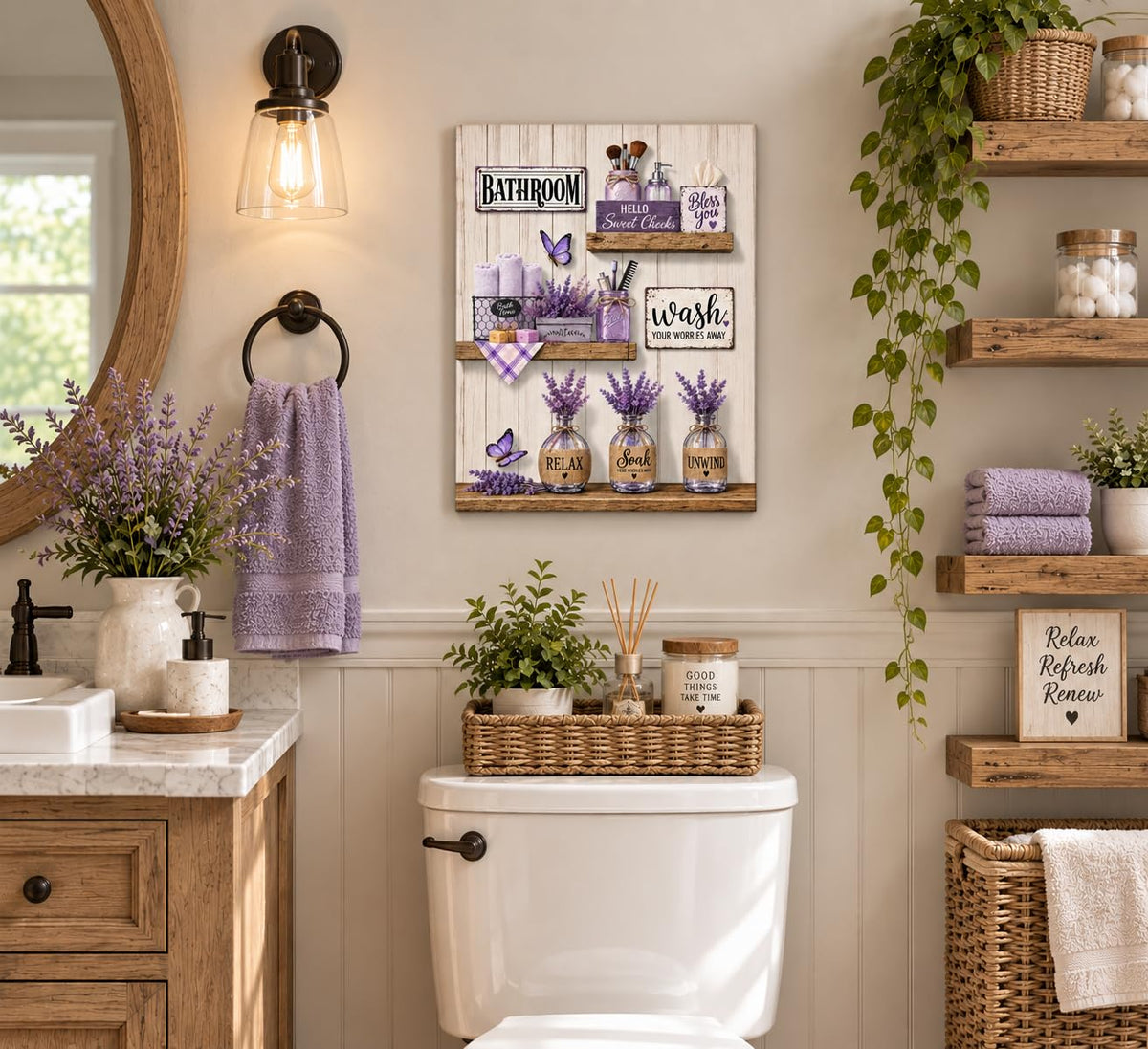 Purple Bathroom Canvas Wall Art 12x16Inches (Purple Canvas / 16"L x 12"W)