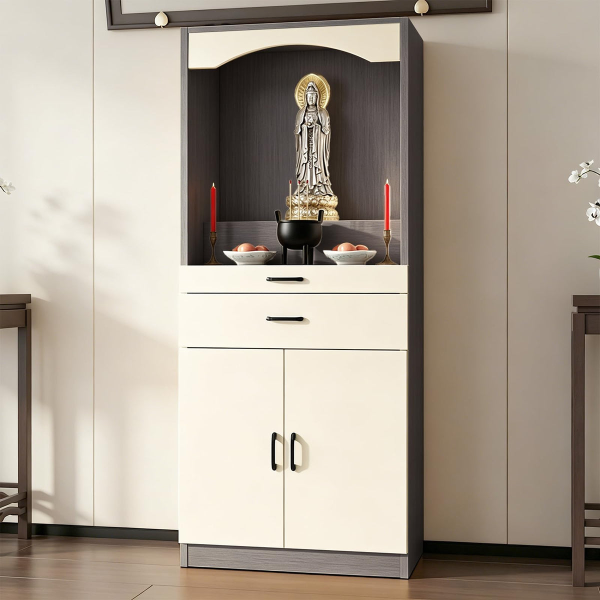 Solid Wood Altar Table (Beige + Dark Gray Wood / 35.4" x 15.7" x 65.4")
