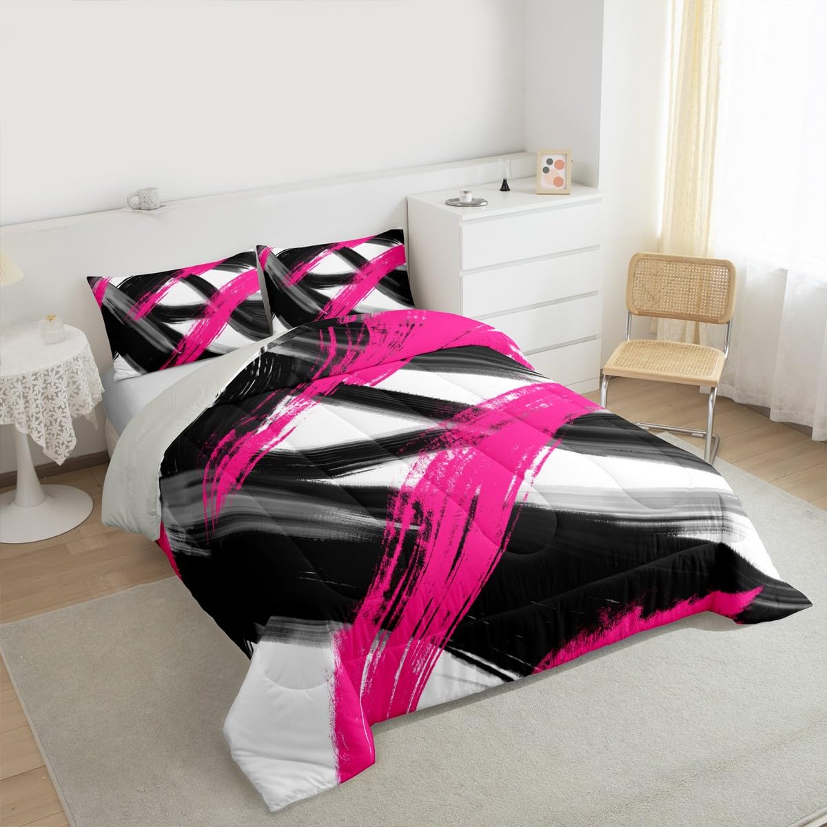 Black Hot Pink Comforter Set Queen Size Abstract Geometric Bedding Set for Boys Girls Modern Minimalist Duvet Quilt Room Decor Breathable Soft Microfiber All Season 3Pcs with 2 Pillow Cases (Multi 45690 / Queen)