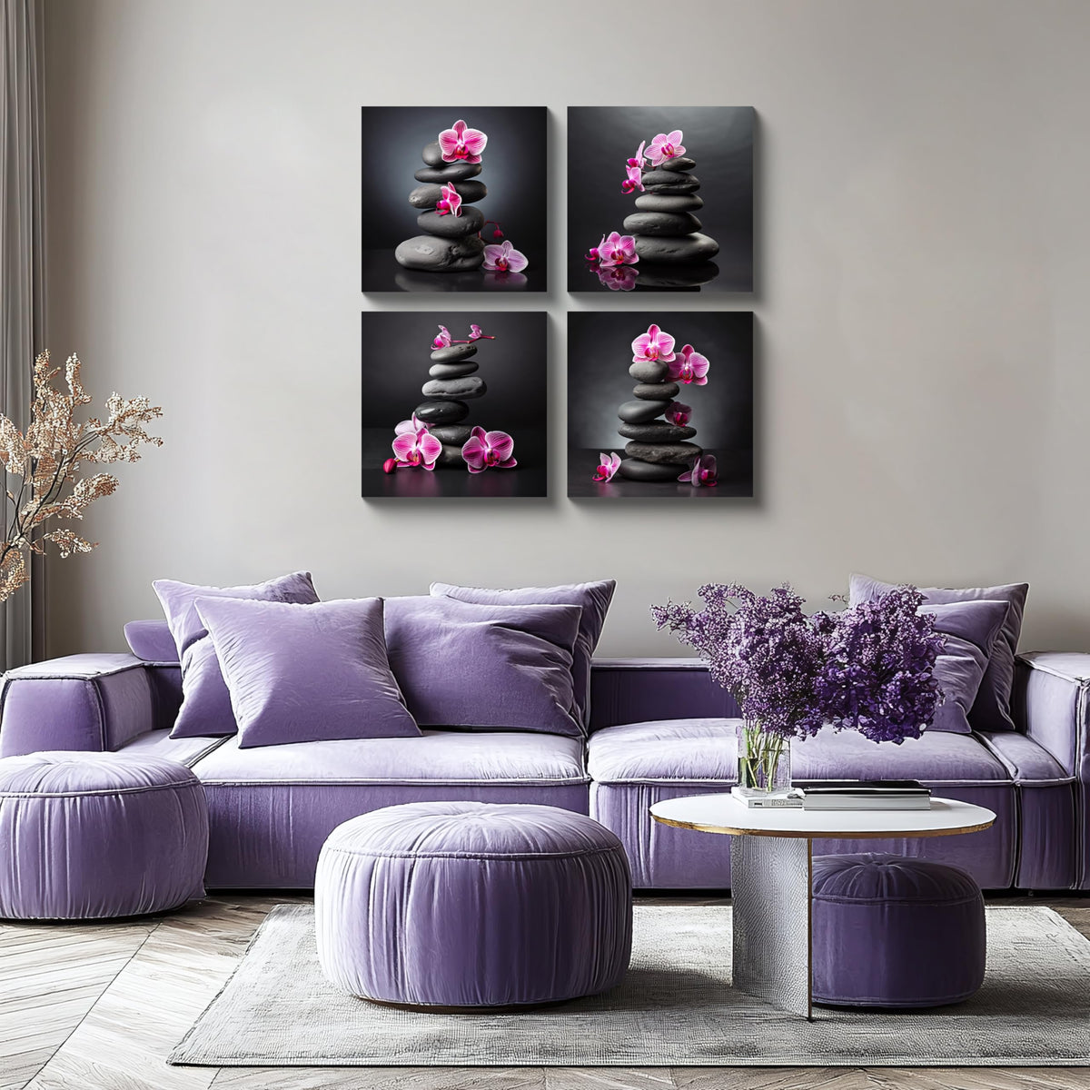Zen Wall Art Purple Orchids and Zen Stones D cor Orchid Canvas Wall Art Flowers Spa Pictures Artwork Stretched and Framed Floral Wall Art Ready to Hang for Bedrooms Living Rooms Dining Areas (12X12inchX4 / Pink Orchid & Stone)