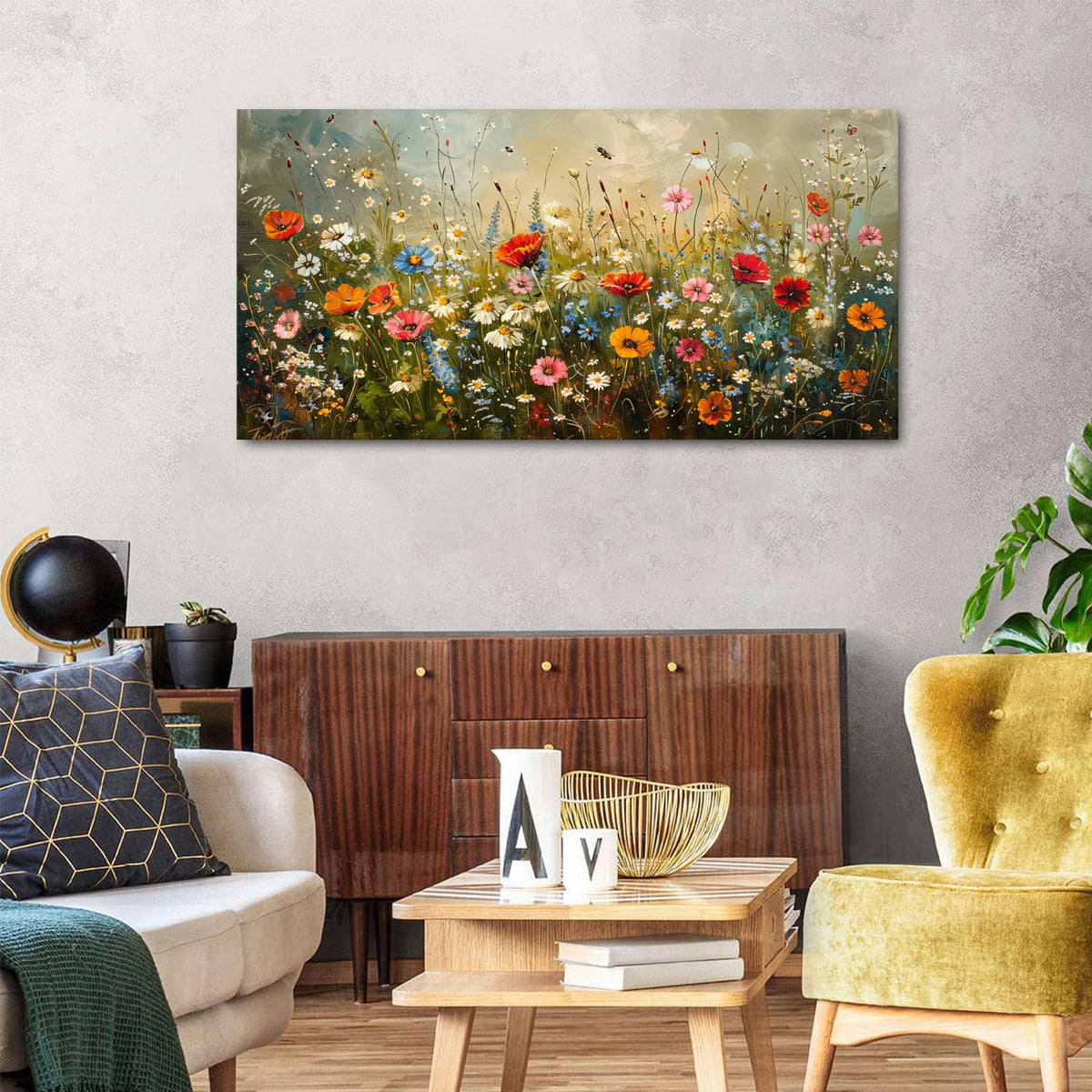 Colorful Floral Wall Art French Living Room Rustic Red White Poppy Flowers Wall Decor Watercolor Daisy Canvas Print Wildflower Painting Abstract Artwork for Bathroom Bedroom Home Decorations 24x48" (48"L x 24"W / Wildflowers)